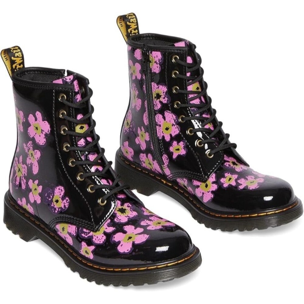 Dr. Martens 1460 J Kids Floral Patent Leather Lace-Up Zip Combat Boots US 2